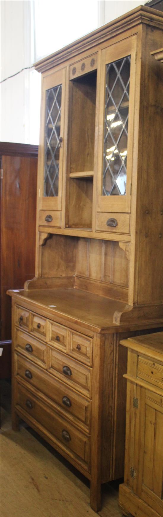 Oak custom built kitchen cabinet, fitted drawers over leaded glazed doors(-)